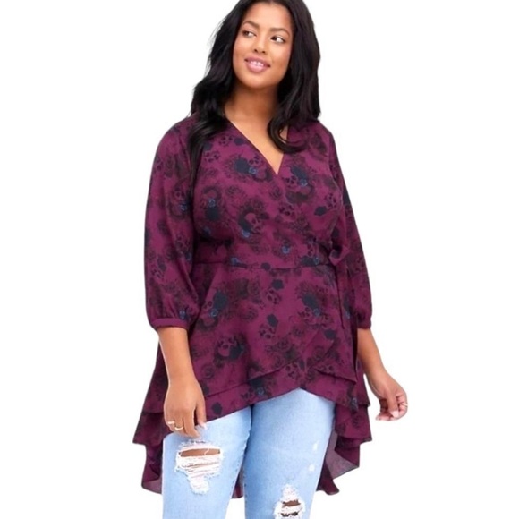 torrid Tops - TORRID Georgette Floral & Skulls Tunic Wrap Top Purple  Goth Romantic Size 2X